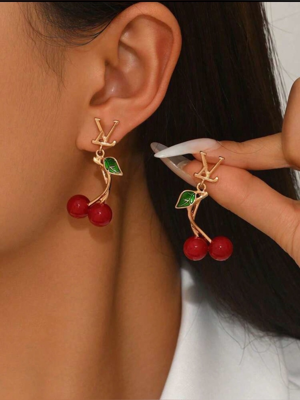 New Arrivals! Gold Cherry Drop Earrings with Red Enamel Fruit